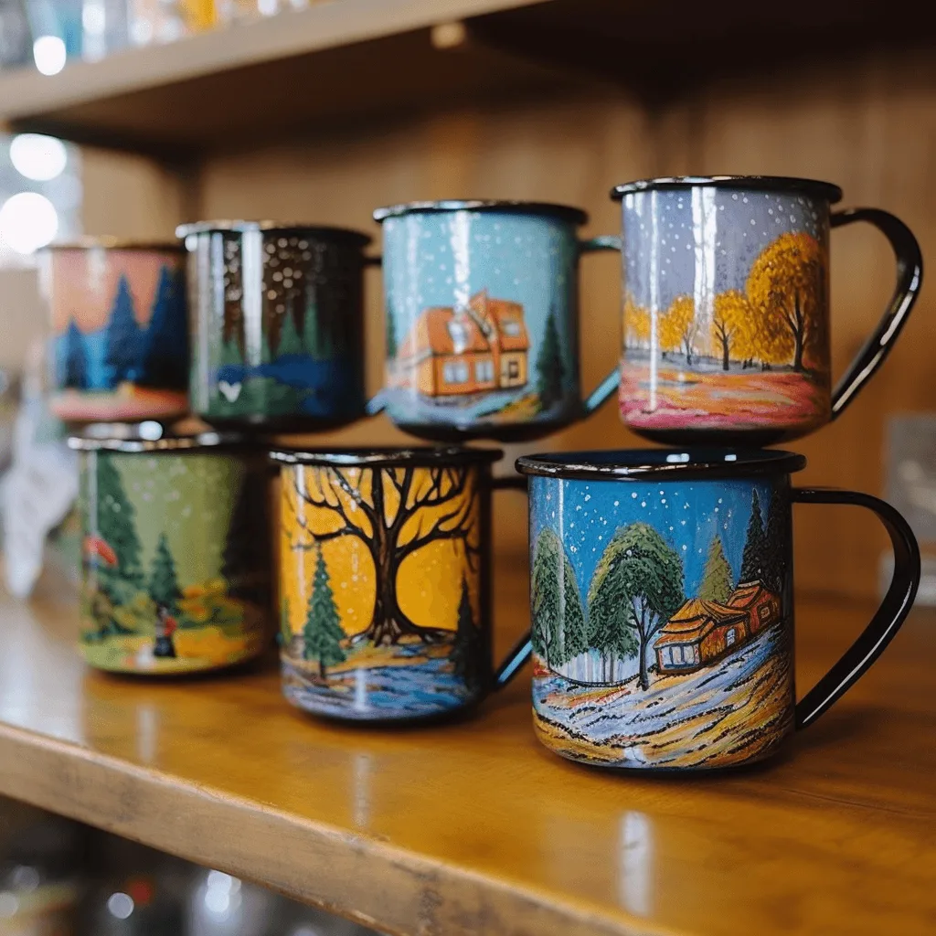 enamel coffee mugs colorful on shelf