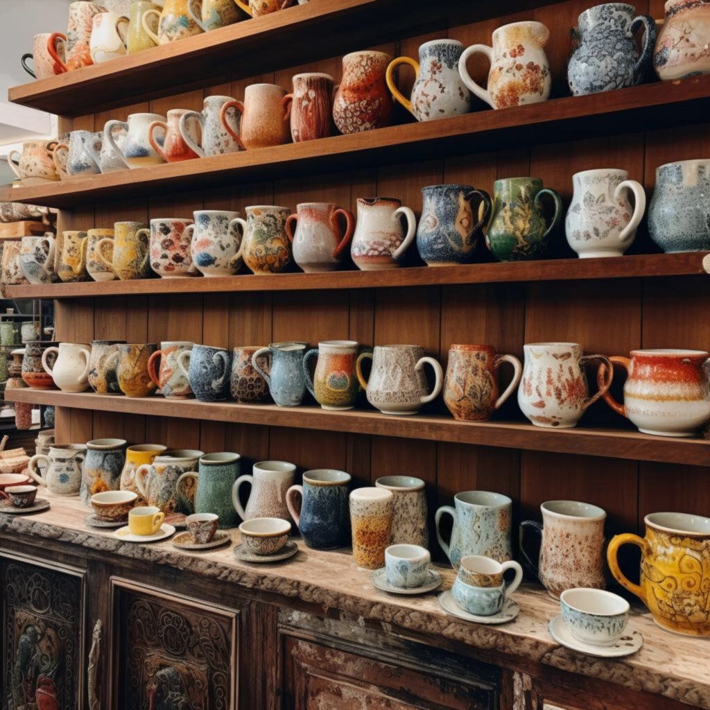 a colorful collection of coffee mugs