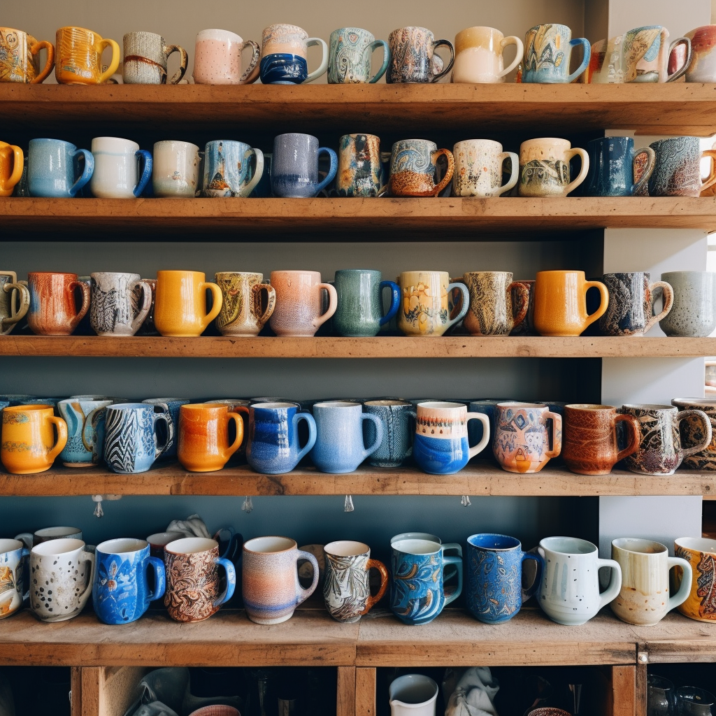 ceramic coffee mugs sorted organized on shelf