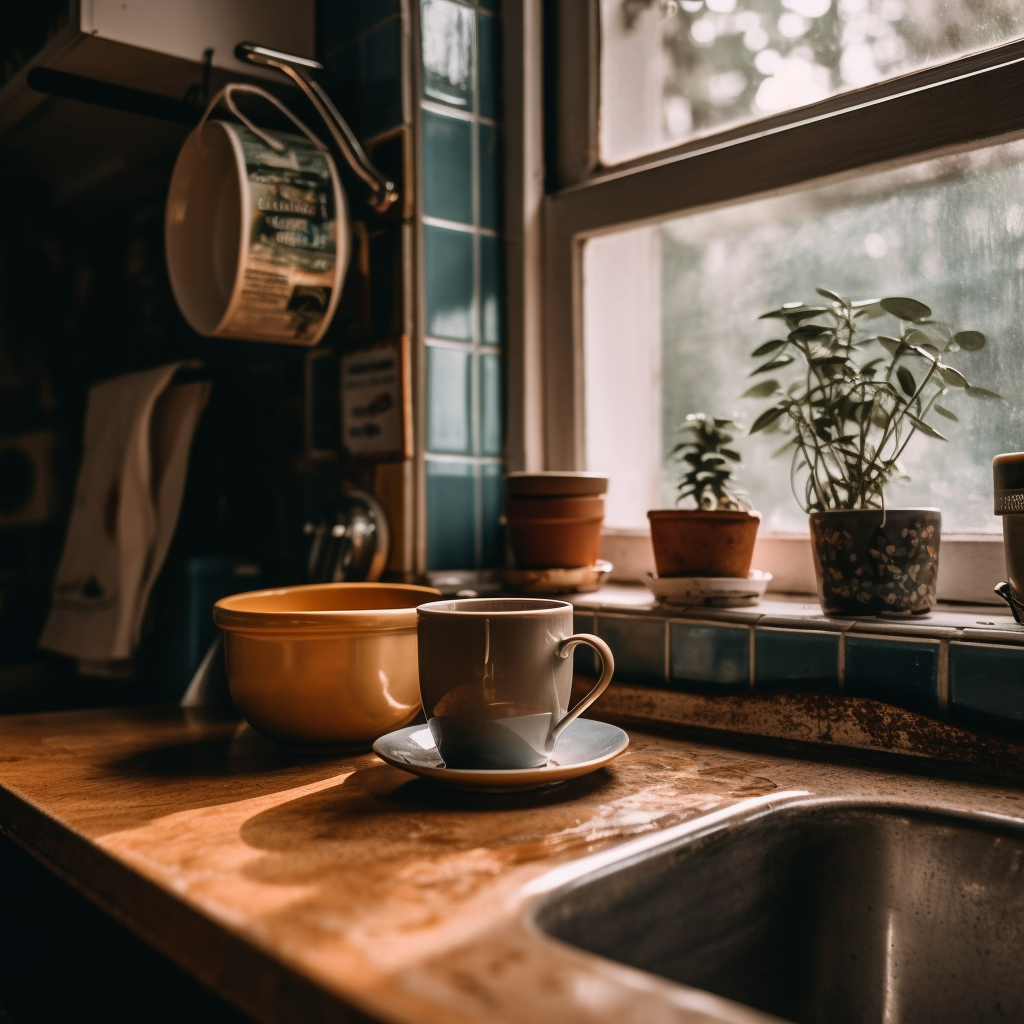 ceramic coffee mug beside kitchen sink