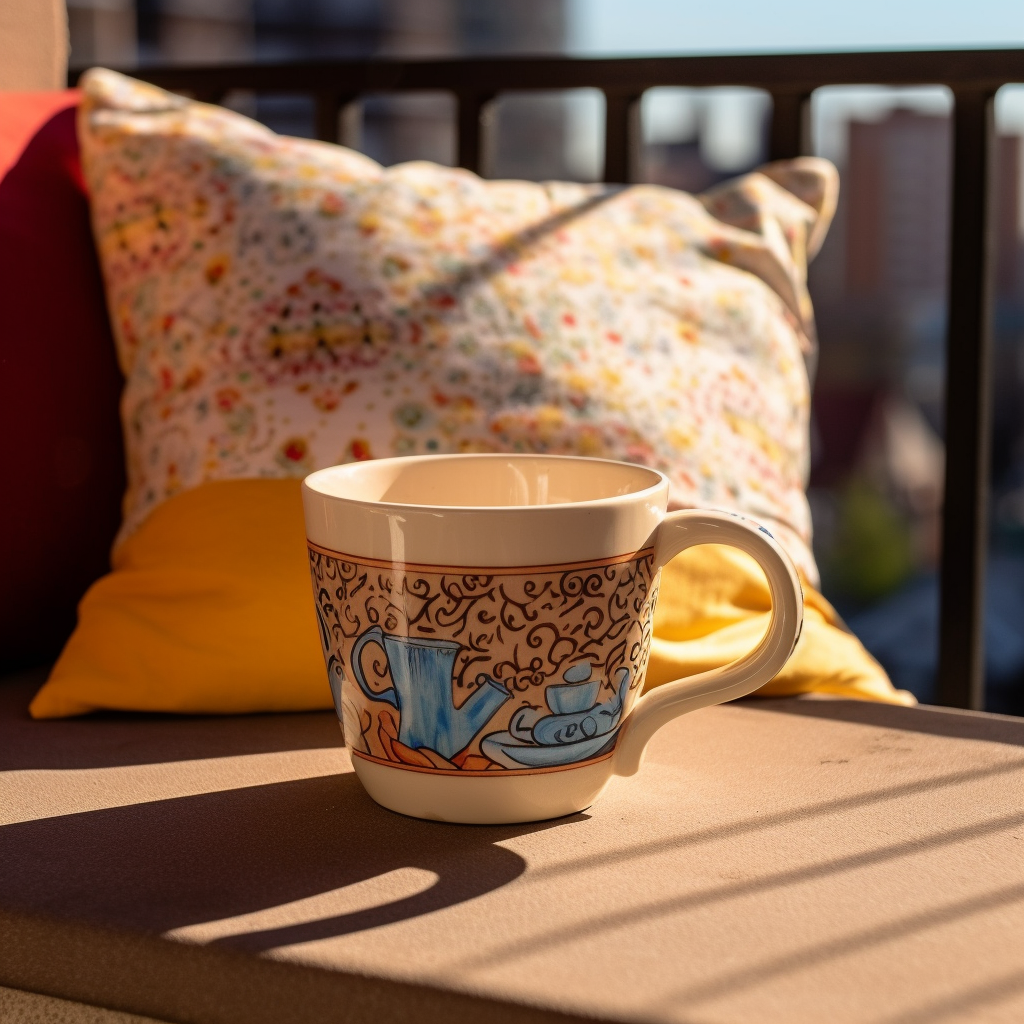 ceramic coffee mug on balcony