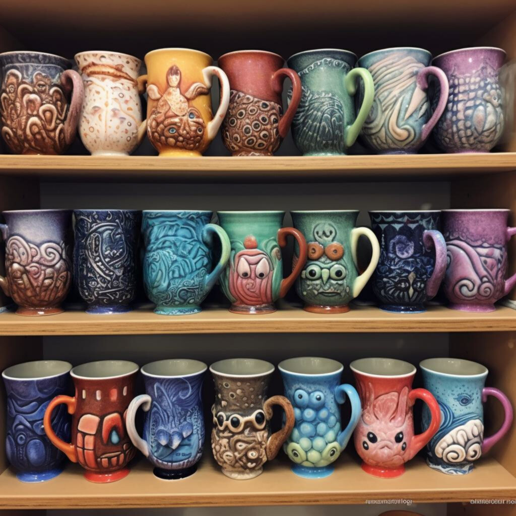 a colorful collection of coffee mugs on a shelf