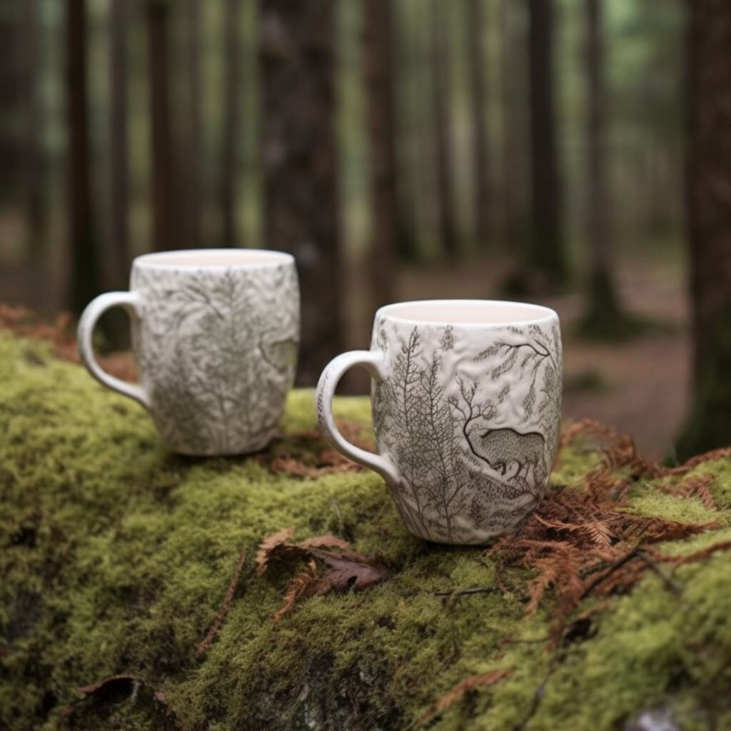 Ceramic coffee mugs in forest