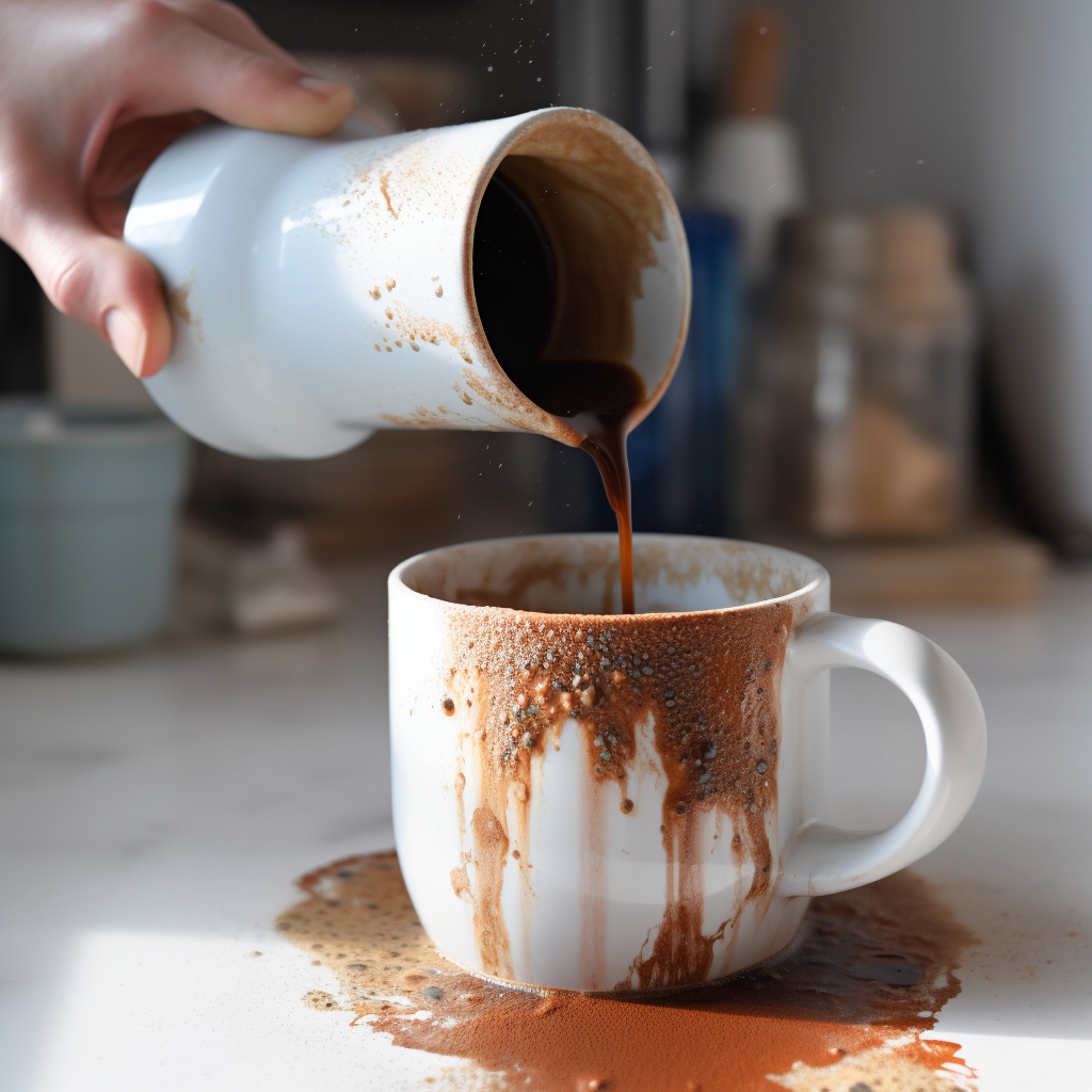 coffee being poured into a dirty ceramic coffee mug