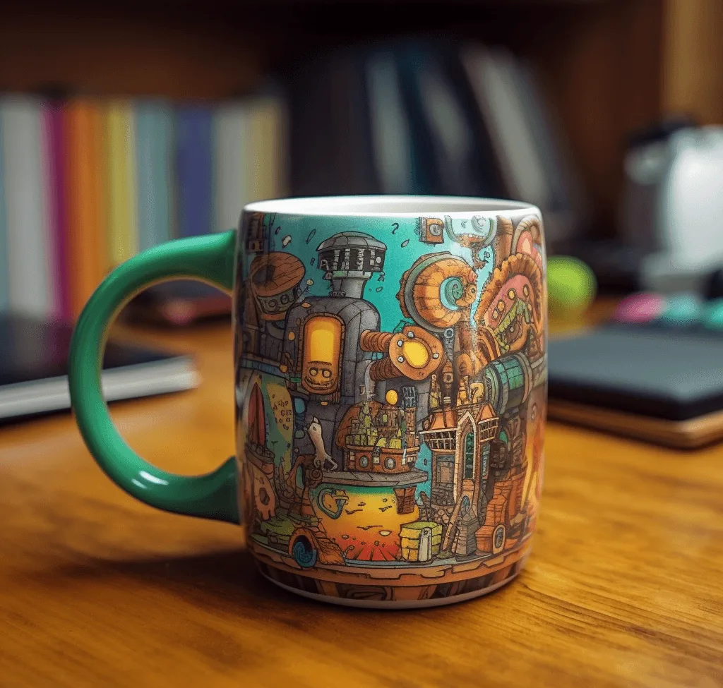 colorful ceramic coffee mug on desk
