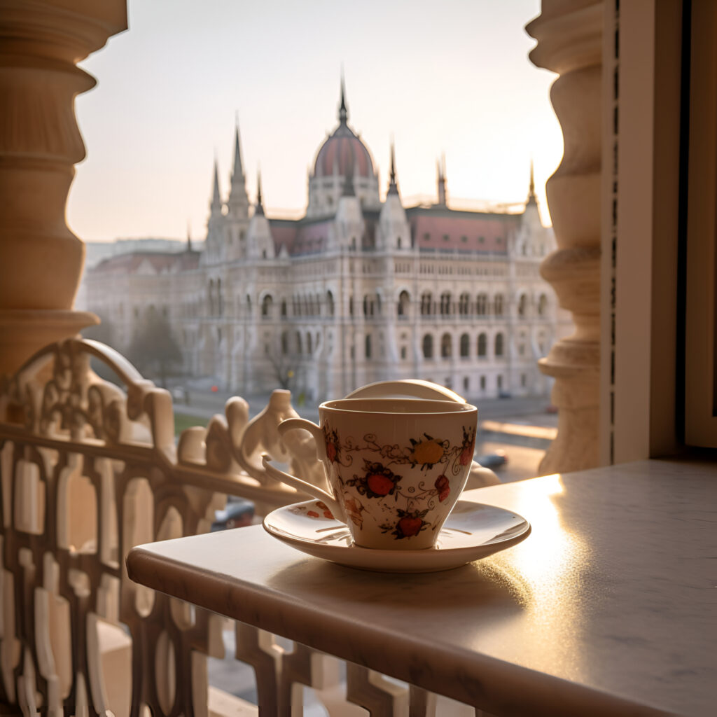 Ceramic coffee cup in Budapest balcony