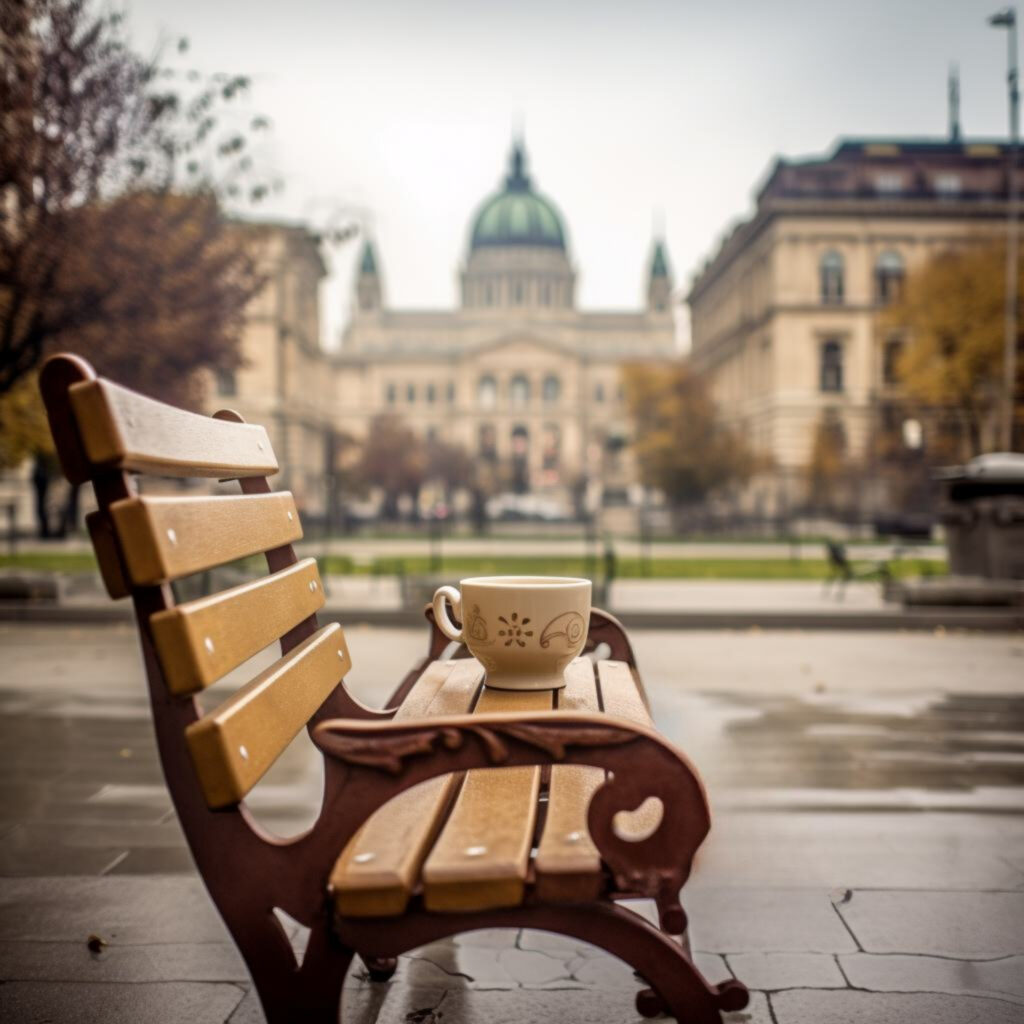 Ceramic coffee cup in Budapest on bench