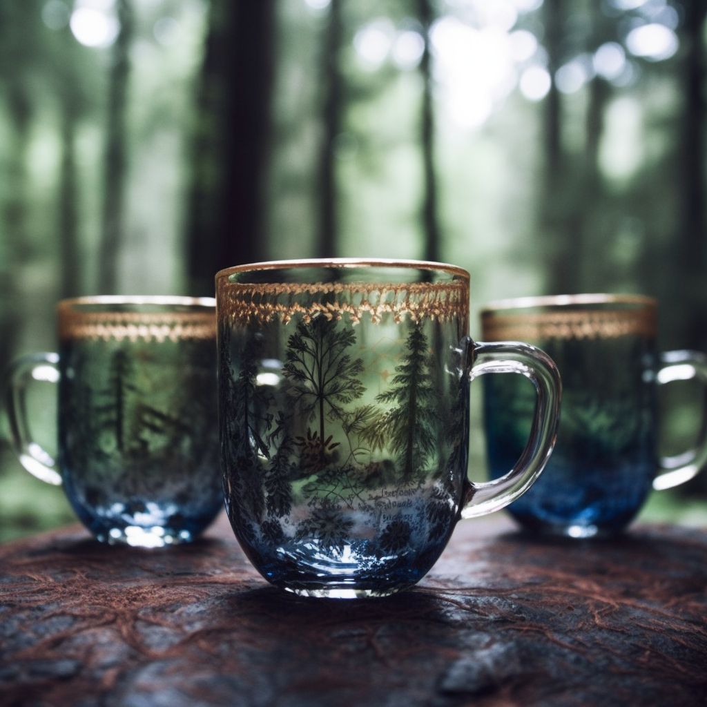 glass coffee mugs in a forest