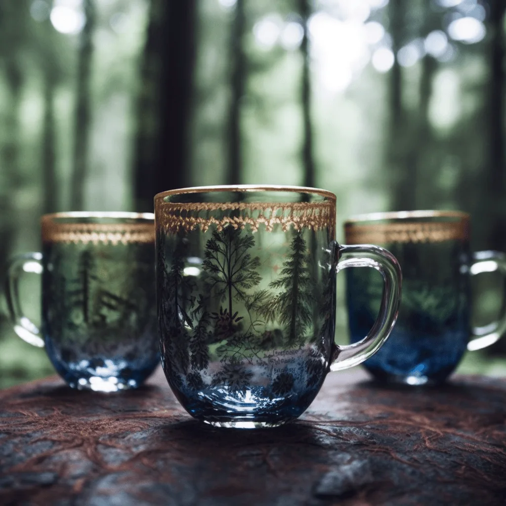 glass coffee mugs in a forest