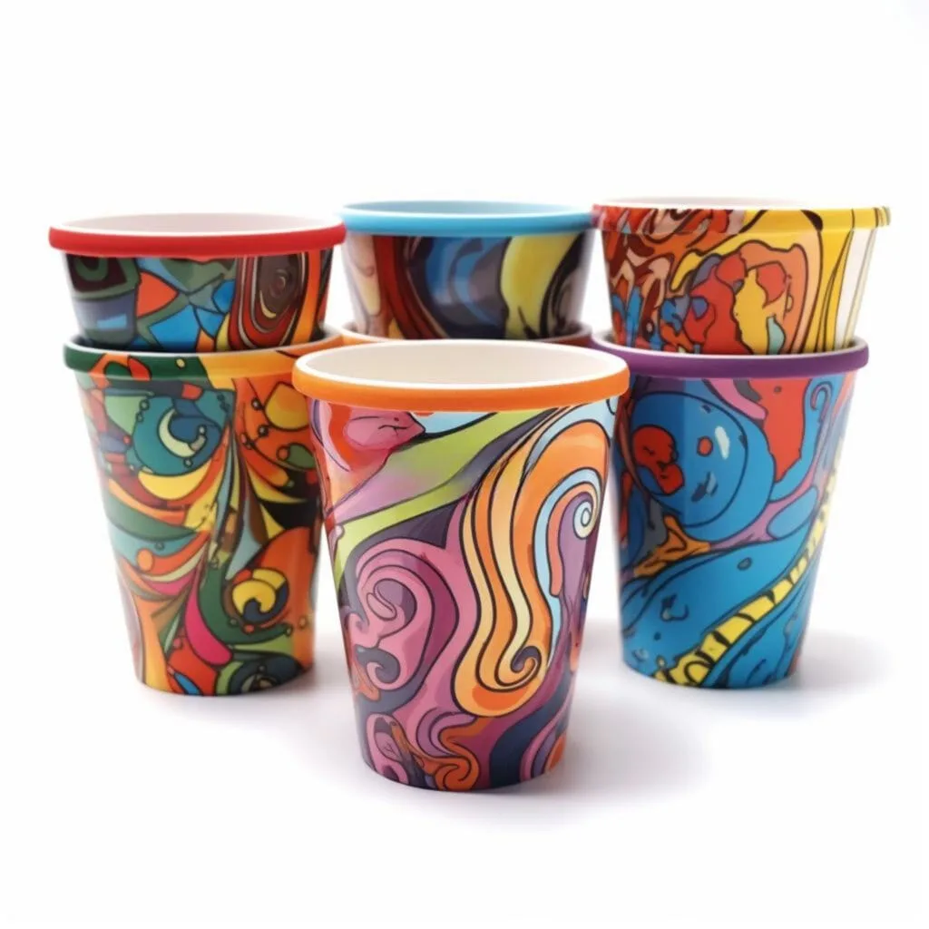 colorful artsy plastic coffee mugs