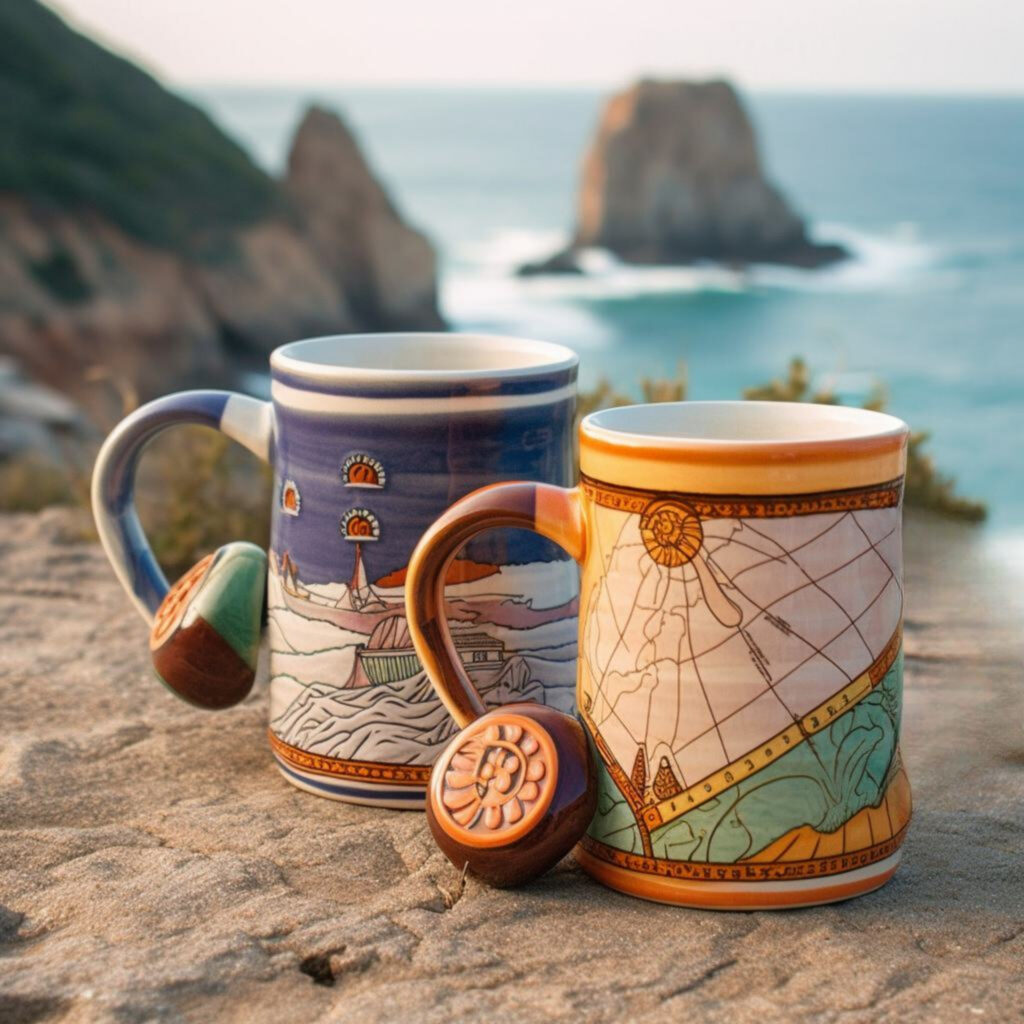 decorative ceramic coffee mugs traveling near shoreline